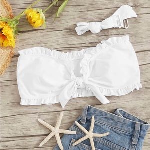 Frill Trim Detachable Bandeau Bikini Top (White)